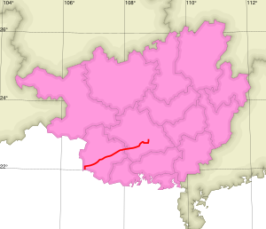 A map showing the: route of the——G7211 Nanning–Youyiguan Expressway in Guangxi.