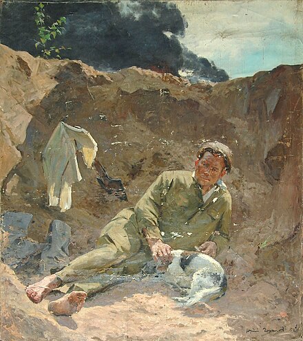 A Soviet soldier drying his footwraps. 1962 painting by Y.G. Gorelov.