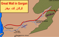 Karta som illustrerar omfattningen av Great Wall of Gorgan