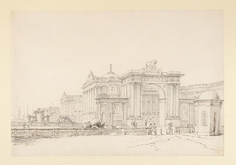 File:Government House, Calcutta, from Esplanade Row showing the S.E. gateway by William Prinsep 1835.jpg