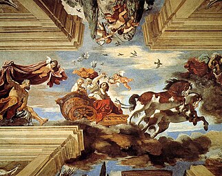 Aurora, (1621, ceiling fresco, tempera, 530 × 1030 cm, Villa Aurora, Rome, Italy) was painted for the pope's nephew, Cardinal Ludovico Ludovisi.[38] The lively treatment of the Aurora myth challenges the more measured representation of the same subject painted by Guido Reni at Palazzo Rospigliosi on behalf of a Ludovisi family rival and makes a statement of political triumph.[39]
