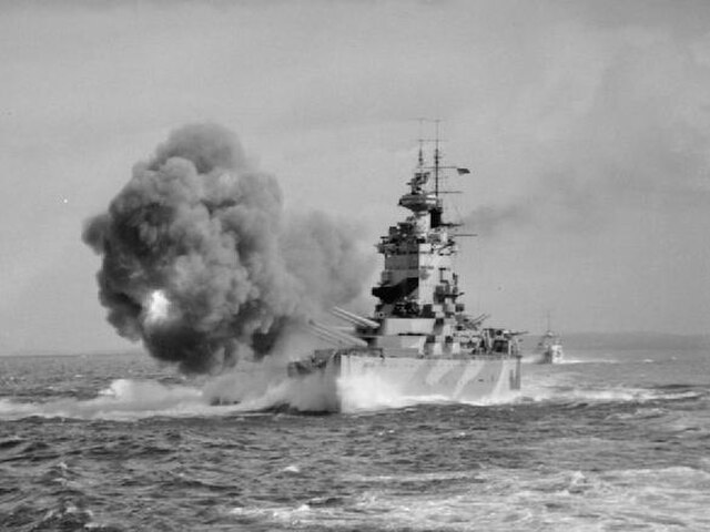 Nelson fires a salvo during gunnery trials in 1942