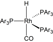 A generic rhodium catalyst, where PAr3 = triphenylphosphine or its sulfonated analogue Tppts. See tris(triphenylphosphine)rhodium carbonyl hydride. HRhP3CO.png