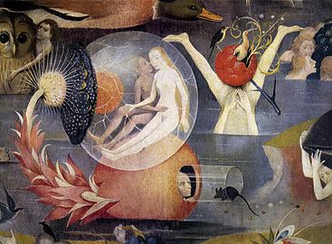 A Gyönyörök kertje című középső kép alsó részén az áttetsző burokba zárt emberpár Ádám és Éva[1]
