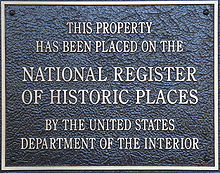 A typical plaque found on properties listed in the National Register of Historic Places HistoricPlacesNationalRegisterPlaque.JPG