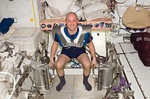 SS017E006639 (11 May 2008) - NASA astronaut Garrett Reisman, Expedition 17 flight engineer, wearing squat harness pads, performs knee-bends using the Interim Resistive Exercise Device (IRED) equipment in the Unity node of the International Space Station. ISS Expedition 17 Reisman exercises.jpg