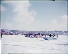 Ice scoots in a race at the Penatang Winterama, 1959