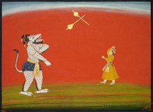 India, Pahari, Basholi, 18th century - Pradyumna and Samvara fight with maces- Leaf from the "Large Basohli Bhagav - 1960.184 - Cleveland Museum of Art.tif