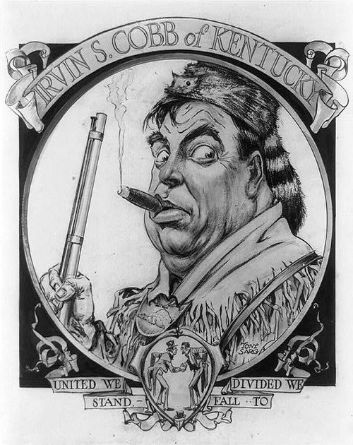 Irvin S. Cobb wearing a coonskin cap and smoking a cigar. Illustration by Tony Sarg for "The Glory of the States: Kentucky" by Irvin S. Cobb, publishe