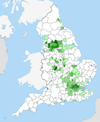 Muslim population in English local authority areas.
.mw-parser-output .legend{page-break-inside:avoid;break-inside:avoid-column}.mw-parser-output .legend-color{display:inline-block;min-width:1.25em;height:1.25em;line-height:1.25;margin:1px 0;text-align:center;border:1px solid black;background-color:transparent;color:black}.mw-parser-output .legend-text{}
0.0%-0.9%
1%-1.9%
2%-4.9%
5%-9.9%
10%-19.9%
20% and more Islam in England census 2011.svg