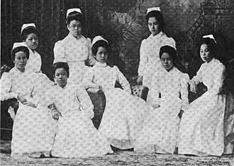 Nursing educator Iyo Araki, seated at center, and student nurses at St. Luke's International Hospital in Tokyo, from a 1909 publication IyoArakinurses1909.jpg