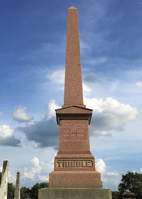 Justice Robert Trimble's grave at Paris Cemetery in Paris, Kentucky is marked by a 25-foot granite obelisk.