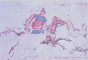 Macedonian cavalryman (wearing a Thracian helmet and wielding a xyston lance) riding down a Persian footsoldier, fresco in the Kinch Tomb, 310-290 BC, Lefkadia Kinchs Tomb (Macedonian tomb), Lefkadia, Ancient Mieza (7272126148) Crop.jpg