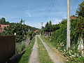 Čeština: Zahrady u cesty ve vsi Krámský. Okres Praha-východ, Česká republika. English: Gardens by dirt road in Krámský village, Prague-East Distrct, Czech Republic.