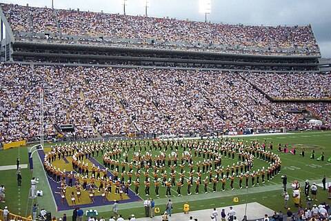 The band creates a set of circles in the end zone during a halftime performance.