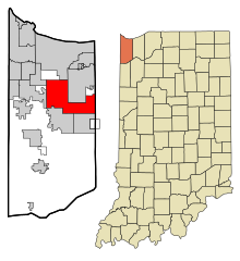 Lake County Indiana Zonele încorporate și necorporate Merrillville Highlighted.svg