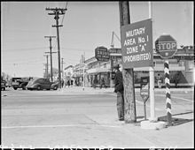 A sign designating the military zone of Lancaster, 1942