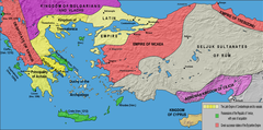Det latinska riket och dess vasaller (i gult) och återstående bysantinska stater (i rött) år 1214. Gränserna är mycket osäkra.