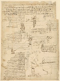 Page manuscrite comportant des dessins à la plume et de l'écriture spéculaire.