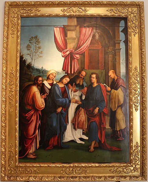 File:Lorenzo costa, sposalizio della vergine tra i ss. gioacchino, anna e un frate francescano, 1505, dall'annunziata 01.jpg