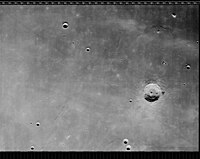 Lunar Orbiter 4 view of Piazzi Smyth crater on May 19, 1967 (42°46′N 12°16′W﻿ / ﻿42.76°N 12.27°W﻿ / 42.76; -12.27)