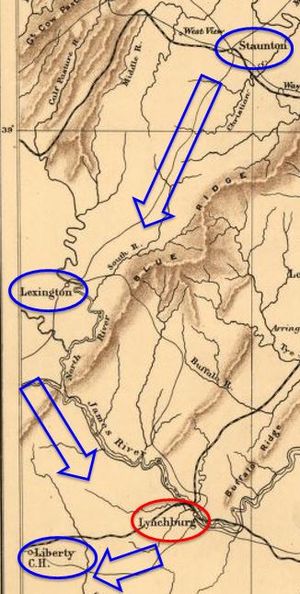Old map with arrows showing route of Union army