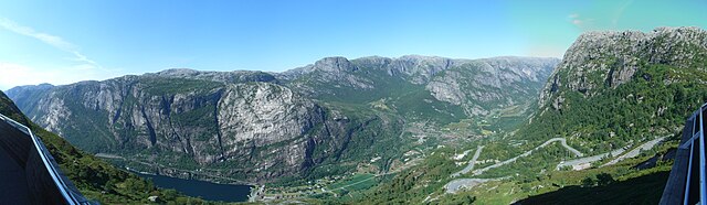 Panoramic view over the village Lysebotn located innermost in the Lysefjord (full image)