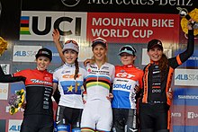 Women's cross country elite podium in Albstadt (from left): Alessandra Keller, Yana Belomoyna, Jolanda Neff, Anne Tauber, Elisabeth Brandau MTB Worldcup Albstadt 2018 Women Elite (42191092212).jpg