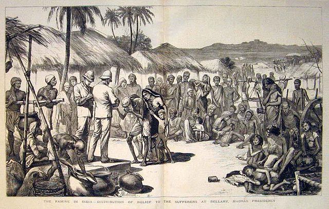 A contemporary print of the Madras famine of 1877 showing the distribution of relief in Bellary, Madras Presidency. From the Illustrated London News, 