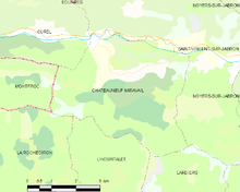 Carte élémentaire montrant les limites de la commune, les communes voisines, les zones de végétation et les routes