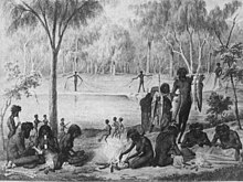 1857 depiction of the Jarijari (Nyeri Nyeri) at Mondellimin engaged in recreational activities, including a type of Aboriginal football from the Blandowski expedition. Marn grook illustration 1857 (cropped).jpg