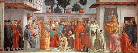 Raising of the Son of Theophilus and St Peter Enthroned, by Masaccio. Masacc15.jpg