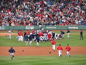 This bench-clearing brawl at Fenway Park in June 2008 began with Boston Red Sox batter Coco Crisp being hit by a pitch from James Shields of the Tampa Bay Rays. Massive fenway brawl.jpg