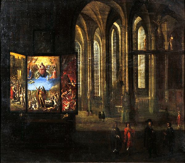 Interior of St. Mary's, 1635, by Bartholomäus Milwitz, also depicting the Last Judgment by Hans Memling