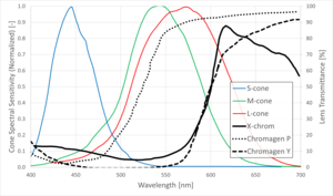 Transmittance of various monocular color correcting lenses superimposed onto the normalized spectral sensitivities of the cone opsins of a color normal observer. Monocular Lens Transmittance.png