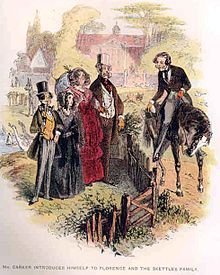 image colorisée, campagne en bordure de village (manoir, église, maisons, animaux divers en arrière-plan). Au premier plan, centre droit, un homme à cheval, en habit noir se penche de façon obséquieuse au-dessus d'une clôture en bois, à la barrière fermée, en direction d'un groupe, coté gauche, formé d'un homme en haut-de-forme et d'une femme imposante en robe rouge, ayant à sa gauche, une petite jeune femme en deuil, boucles noires à l'anglaise, et un petit jeune-homme raide portant haut-de-forme, redingote noire, gilet orange et pantalon rayé.