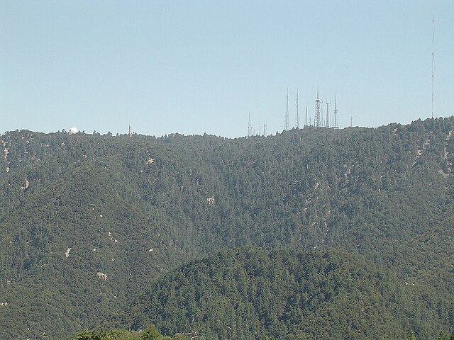 The northern slope of Mount Wilson, atop which sits an antenna farm near its summit, as seen from Angeles Crest Highway