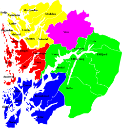 Mapo de Distriktoj kaj municipoj en Hordaland Nordhordland Midhordland Sunnhordland Hardanger Voss