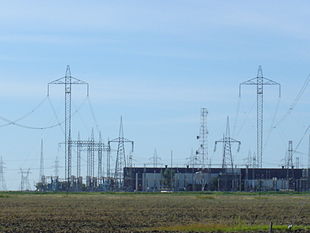 Long distance HVDC lines carrying hydroelectricity from Canada's Nelson River to this converter station where it is converted to AC for use in southern Manitoba's grid Nelson River Bipoles 1 and 2 Terminus at Rosser.jpg