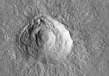 Nested Craters on Mars, 40.104deg N, 125.005deg E. These nested craters are probably caused by changes in the strength of the target material. This usually happens when a weaker material overlies a stronger material. Nested Craters on Mars.jpg