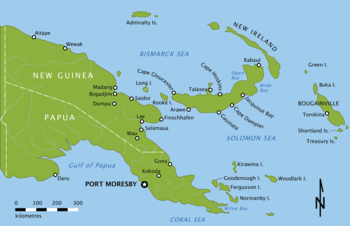 Kleurenkaart van Nieuw-Guinea, Nieuw-Brittannië, Nieuw-Ierland en Bougainville