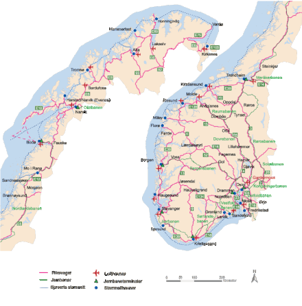 National transport system (primary roads in red, railways in green, key airports indicated)