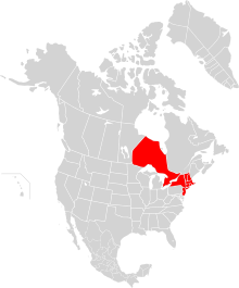 Carte de l'Amérique du Nord où la zone nord-est est en rouge.