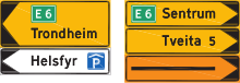 Upper left and right and middle right are standard directional signs. Lower left is for a commercial facility, and lower right is for a temporary detour. Norwegian-road-sign-713.svg