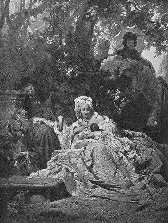 Марія Терезія кормитъ ребенка бѣдной женщины.