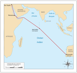 Kort over Det Indiske Ocean med ruten efterfulgt af skibene involveret i Operation Pamphlet.