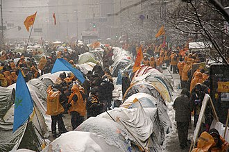 Orange Revolution demonstrations lasted so long that demonstrators set up tents. Orange rev2.jpg