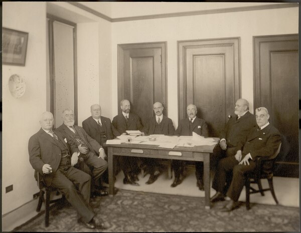 The Board of Trustees of the Heye Foundation in 1920; left to right: Minor Cooper Keith, James Bishop Ford, George Gustav Heye, Frederic Kimber Seward