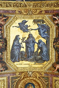Der Frieden von Aachen 1668, allegorische Grisaille auf Goldgrund an der Decke der Spiegelgalerie von Versailles