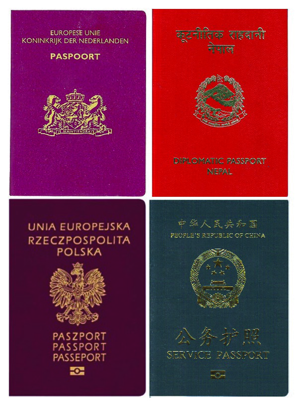 Clockwise, from top left: Dutch ordinary, Nepalese diplomatic, Chinese service, and Polish ordinary passports